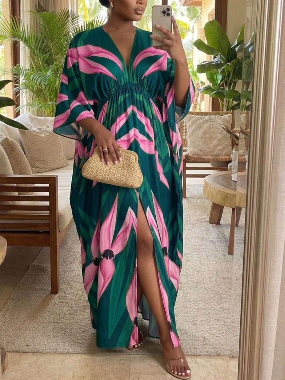 Multicolor Casual Women's Plus Size Vacation Plant Print Split Hem Dress